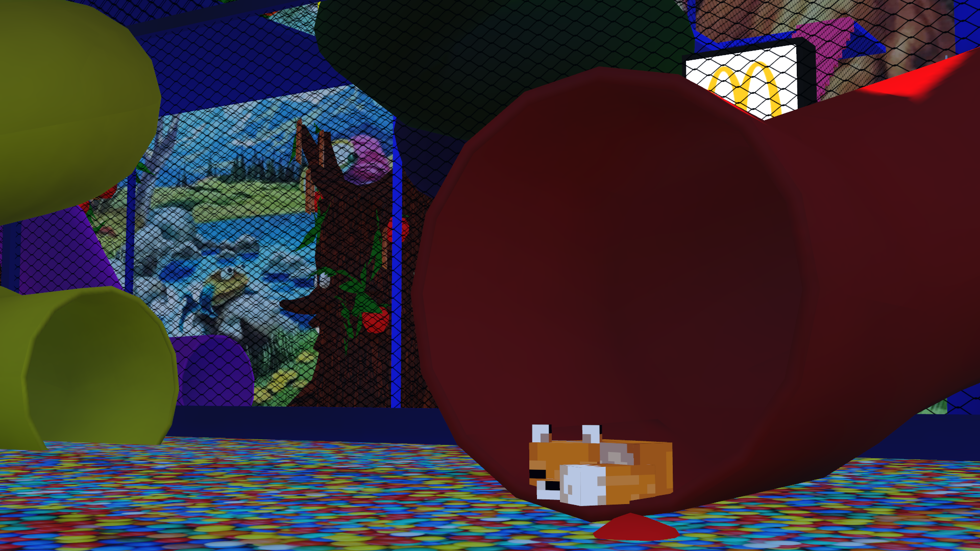 A sleeping Minecraft fox inside a tube slide, leading into a ballpit, inside a huge playspace in a VRChat world.