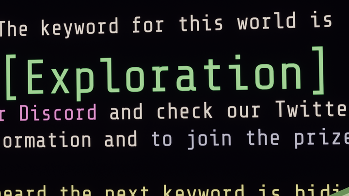 A screenshot from a personal VRChat session, of an in-world sign. The text is heavily obscured/cropped, but a piece of text is clearly framed: "The keyword for this world is [Exploration]"